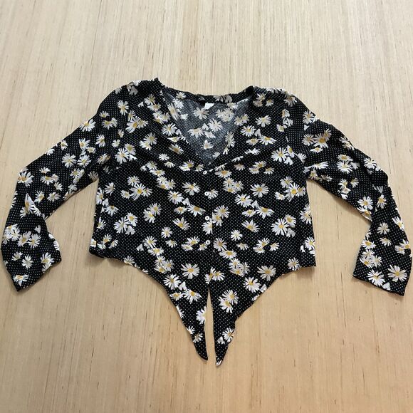 Womens H&M Divided Black Daisy Print Button Up Tie Front Crop Top Shirt Size 14 - Picture 1 of 7